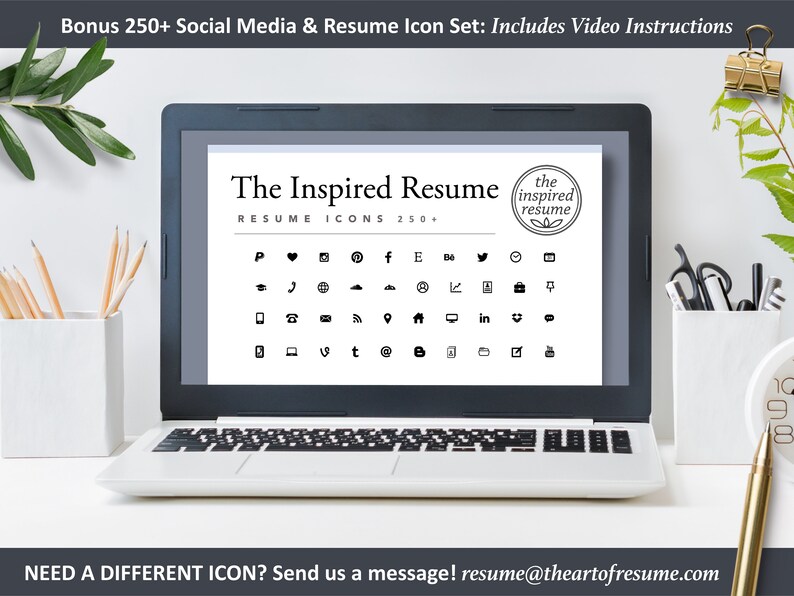 May include: A laptop screen displaying a collection of 250+ social media and resume icons. The text on the screen reads "The Inspired Resume" and "RESUME ICONS 250+". The icons include a heart, a phone, a globe, a cloud, a house, a LinkedIn logo, and a Twitter logo.