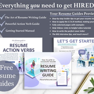 Pu&ograve; includere: Tre guide gratuite per il curriculum vitae: L'arte della guida alla scrittura del curriculum, la guida ai verbi d'azione potenti e il manuale per iniziare. Le guide sono illustrate con grafica e testo colorati. Le guide sono disponibili per il download su theartofresume.com.