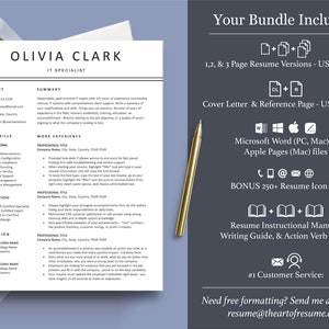 Puede incluir: Un paquete de plantillas de curr&iacute;culum con fondo blanco y texto negro. El paquete incluye versiones de curr&iacute;culum de 1, 2 y 3 p&aacute;ginas, una carta de presentaci&oacute;n y una p&aacute;gina de referencia, archivos de Microsoft Word y Apple Pages, m&aacute;s de 250 iconos de curr&iacute;culum y un manual de instrucciones de curr&iacute;culum, una gu&iacute;a de escritura y una gu&iacute;a de verbos de acci&oacute;n. El texto "Your Bundle Includes" est&aacute; en la parte superior de la imagen. El texto "#1 Customer Service: resume@theartofresume.com" est&aacute; en la parte inferior de la imagen.