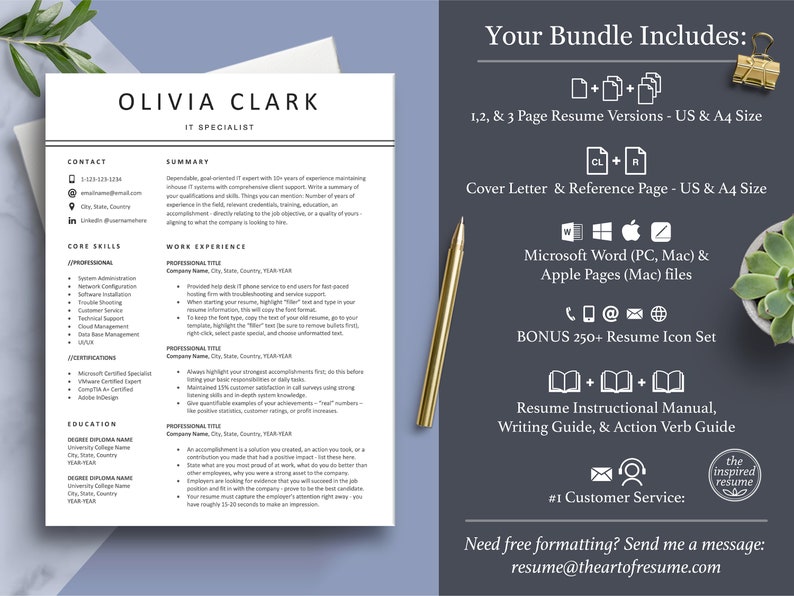 Puede incluir: Un paquete de plantillas de curr&iacute;culum con fondo blanco y texto negro. El paquete incluye versiones de curr&iacute;culum de 1, 2 y 3 p&aacute;ginas, una carta de presentaci&oacute;n y una p&aacute;gina de referencia, archivos de Microsoft Word y Apple Pages, m&aacute;s de 250 iconos de curr&iacute;culum y un manual de instrucciones de curr&iacute;culum, una gu&iacute;a de escritura y una gu&iacute;a de verbos de acci&oacute;n. El texto "Your Bundle Includes" est&aacute; en la parte superior de la imagen. El texto "#1 Customer Service: resume@theartofresume.com" est&aacute; en la parte inferior de la imagen.