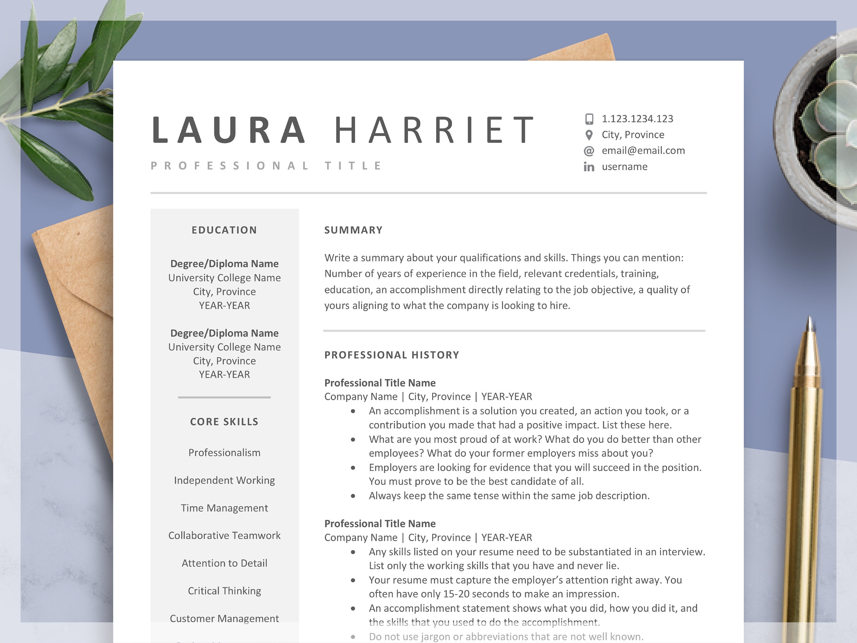 Resume Template Modern Resume Template Word Pages Clean Etsy