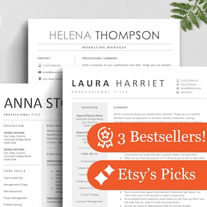 May include: Three Etsy Bestsellers!  A close-up of a digital marketing product featuring three resume templates. The templates are designed in a minimalist style with a black and white color scheme. The text "3 Bestsellers!" and "Etsy's Picks" is highlighted in orange.