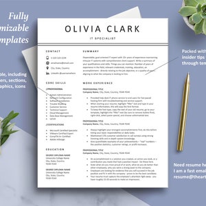 Könnte beinhalten: Eine schwarz-weiße Lebenslaufvorlage mit dem Titel "Olivia Clark, IT-Spezialistin". Die Vorlage enthält Abschnitte für Kontaktinformationen, Kernkompetenzen, Berufserfahrung, Ausbildung und eine Zusammenfassung. Die Vorlage ist vollständig anpassbar und bearbeitbar, einschließlich aller Kopfzeilen, Abschnitte, Farben, Texte, Grafiken und Symbole.