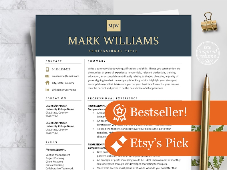 Inspired Resume Template | Executive Professional Navy Blue Resume Template Maker Bundle | Instant Download