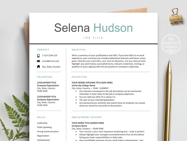The Inspired Resume | Student No Work Experience Resume CV Template Design Bundle
