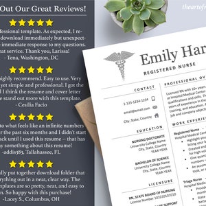 May include: A resume template for a registered nurse with a professional overview, contact information, education, licensure, and work experience sections. The template features a medical symbol and the text "Emily Harper, Registered Nurse".