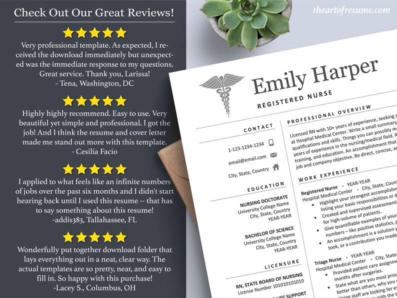 May include: A resume template for a registered nurse with a professional overview, contact information, education, licensure, and work experience sections. The template features a medical symbol and the text "Emily Harper, Registered Nurse".
