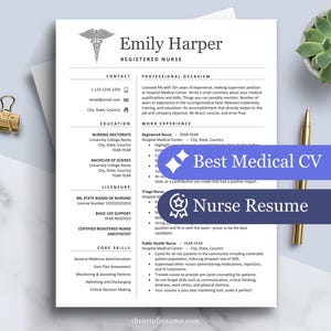 A resume template designed for registered nurses. The template features a medical symbol, contact information, education, work experience, and licensure sections. The text "Nurse Medical Edition" is displayed in a large font at the bottom of the page.