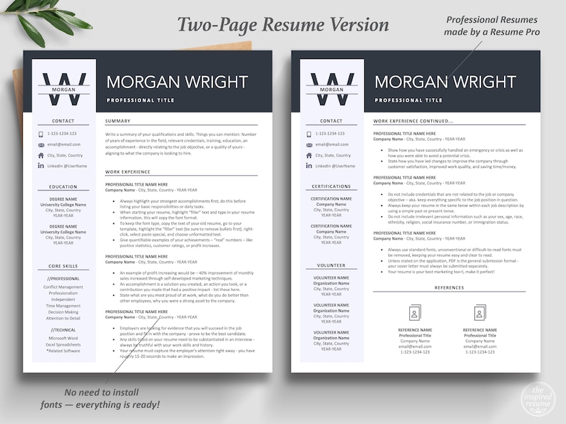 Inspired Resume Template | Executive C Suite Level Resume Template Bundle | Two-Page CV Resume Format