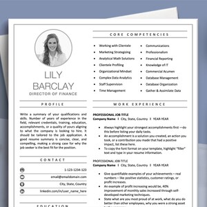 May include: A black and white resume template with a photo of a woman in the top left corner. The resume is titled "Lily Barclay, Director of Finance". The resume includes sections for "Profile", "Core Competencies", "Work Experience", "Professional Job Title", "Contact", and "Education".