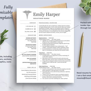 May include: A resume template for a registered nurse with a professional overview, work experience, education, licensure, core skills, and contact information. The template features a caduceus symbol and the text "Emily Harper, Registered Nurse".