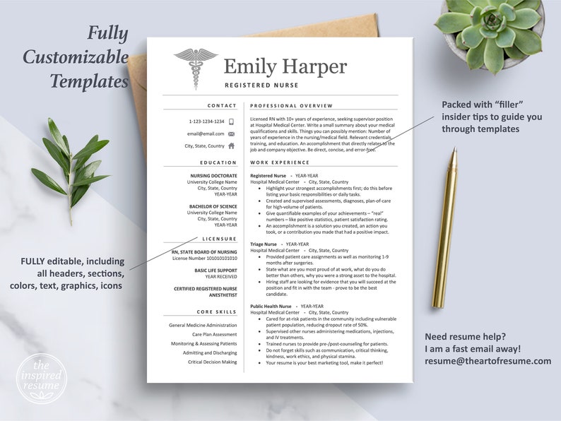 May include: A resume template for a registered nurse with a professional overview, work experience, education, licensure, core skills, and contact information. The template features a caduceus symbol and the text "Emily Harper, Registered Nurse".