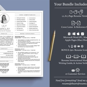 May include: A black and white resume template with a professional headshot, core competencies, work experience, education, and contact information. The text "Lily Barclay, Director of Finance" is at the top of the resume. The template includes a cover letter, reference page, and resume icon set. The text "Your Bundle Includes: The Inspired Resume" is at the top of the page.