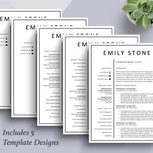 Pu&ograve; includere: Cinque diversi modelli di curriculum con uno schema di colori bianco e nero. Il testo "Include 5 modelli di design" &egrave; nella parte inferiore dell'immagine.