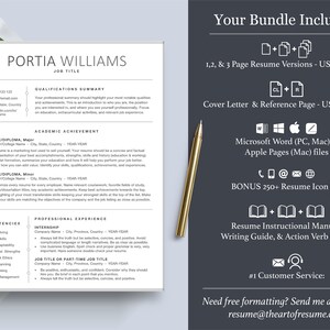 May include: A black and white resume template with the text "Portia Williams" and "Job Title" at the top. The template includes sections for qualifications summary, academic achievement, core competencies, and professional experience. The text "Your Bundle Includes" is in a larger font and is located on the right side of the image. The bundle includes 1, 2, and 3 page resume versions, a cover letter and reference page, Microsoft Word and Apple Pages files, 250+ resume icons, a resume instructional manual, a writing guide, and an action verb guide. The text "#1 Customer Service" is also included in the image.
