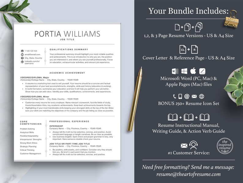 May include: A black and white resume template with the text "Portia Williams" and "Job Title" at the top. The template includes sections for qualifications summary, academic achievement, core competencies, and professional experience. The text "Your Bundle Includes" is in a larger font and is located on the right side of the image. The bundle includes 1, 2, and 3 page resume versions, a cover letter and reference page, Microsoft Word and Apple Pages files, 250+ resume icons, a resume instructional manual, a writing guide, and an action verb guide. The text "#1 Customer Service" is also included in the image.