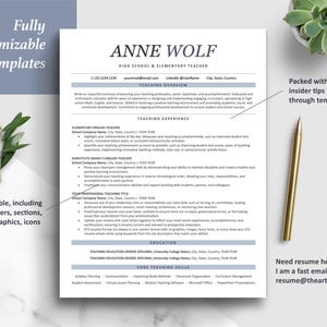May include: A blue and white resume template with the text "Fully Customizable Templates" and "Anne Wolf, High School & Elementary Teacher" at the top. The resume includes sections for teaching experience, education, and core teaching skills. The template is fully editable, including all headers, sections, colors, text, graphics, and icons.
