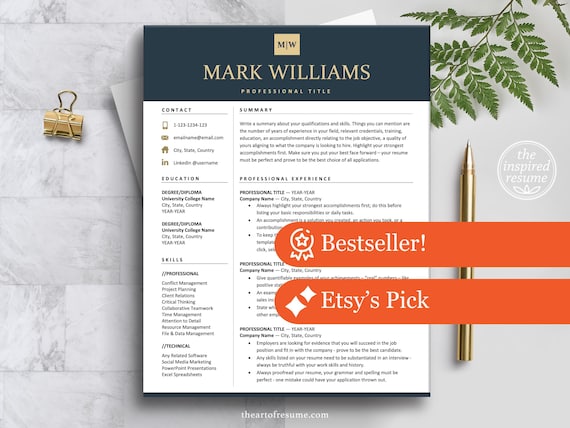 Executive Resume Template | 1, 2 & 3 Page CV + Cover Letter | Word, Google Docs, Pages | Navy Blue CEO Manager Resume