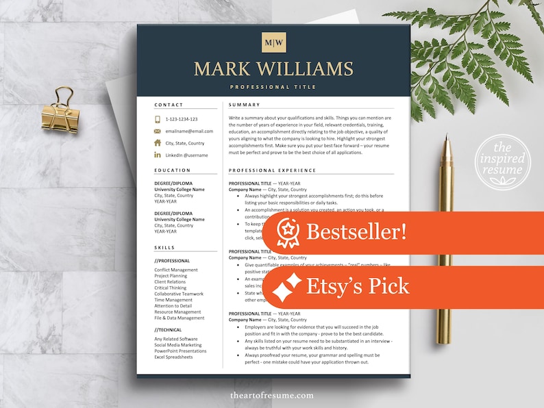 The Art of Resume | Professional Modern Executive Navy Blue Resume CV Template Bundle Maker with Free Cover Letter | Download Dark Blue Resume CV Design Any Job Career
