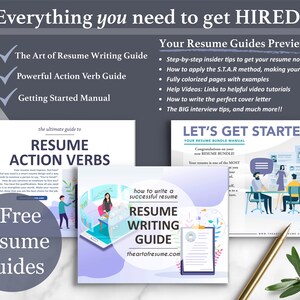 Puede incluir: Tres gu&iacute;as de curr&iacute;culum gratuitas: El arte de la gu&iacute;a de redacci&oacute;n de curr&iacute;culums, La gu&iacute;a de verbos de acci&oacute;n poderosos y El manual de inicio. Las gu&iacute;as est&aacute;n ilustradas con gr&aacute;ficos coloridos y texto que dice "Let's Get Started" y "Your Resume Bundle Manual".