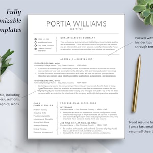 May include: A resume template with a modern design. The template features a white background with black text and a gray header. The text includes the words "Fully Customizable Templates", "Portia Williams", "Job Title", "Qualifications Summary", "Academic Achievement", "Core Competencies", "Professional Experience", and "Need resume help? I am a fast email away! resume@theartofresume.com".