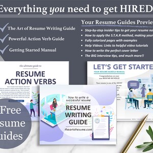 May include: Three free resume guides: The Art of Resume Writing Guide, Powerful Action Verb Guide, and Getting Started Manual. The guides are illustrated with colorful graphics and text. The guides are available for download at theartofresume.com.