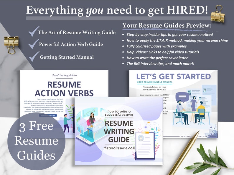 May include: Three free resume guides: The Art of Resume Writing Guide, Powerful Action Verb Guide, and Getting Started Manual. The guides are illustrated with colorful graphics and text. The guides are available for download at theartofresume.com.