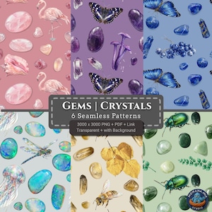 May include: A digital collection of six seamless patterns featuring watercolor illustrations of gems, crystals, butterflies, flamingos, mushrooms, dragonflies, jellyfish, bees, and beetles. The text reads GEMS | CRYSTALS 6 Seamless Patterns 3000 x 3000 PNG + PDF + Link Transparent + with Background.