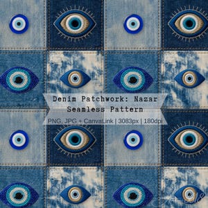 Op de afbeelding: Een naadloos patroon met een raster van denim vierkanten in verschillende blauwtinten, afgewisseld met geborduurde nazar-oogmotieven en ronde blauwe oogiconen. Tekst: Denim Patchwork: Nazar Seamless Pattern PNG, JPG + CanvaLink | 3083px | 180dpi.