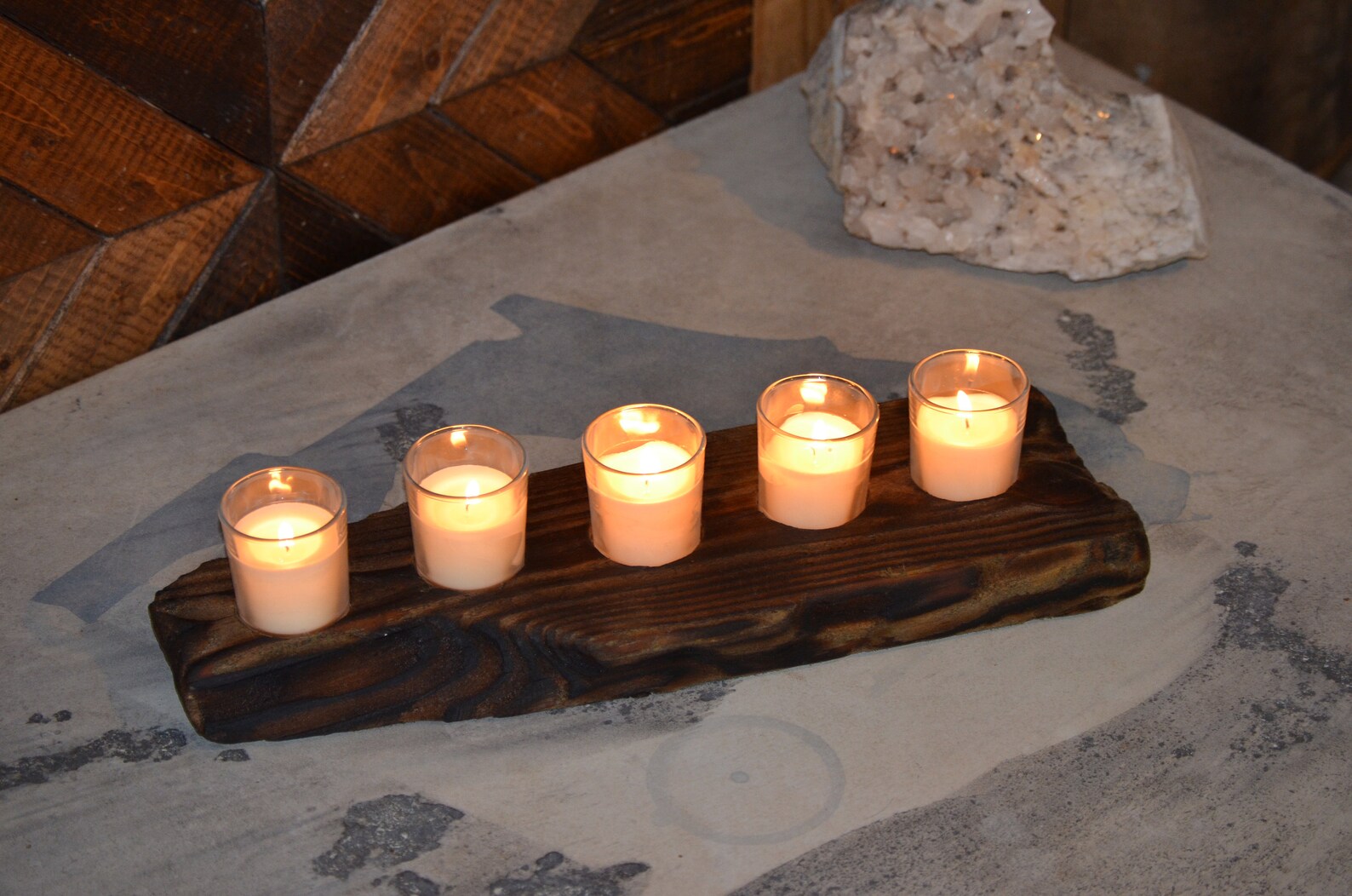 Burnt Wood Candle Holder with Five Candles Etsy