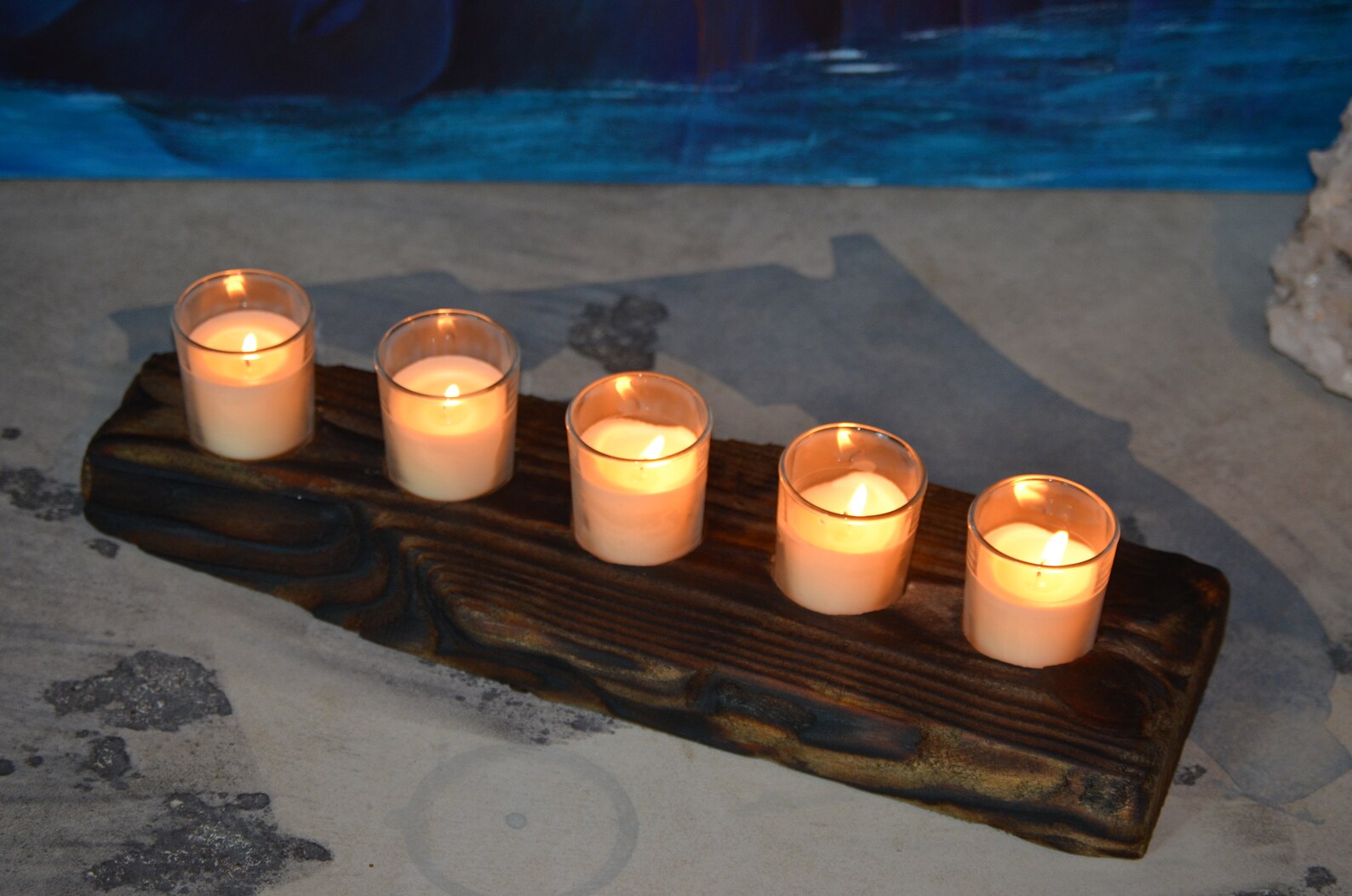 Burnt Wood Candle Holder with Five Candles Etsy