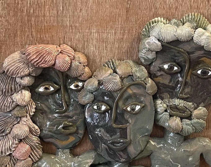 Meet the Clams - family of 3 portrait, wall relief sculpture, mom dad and child family