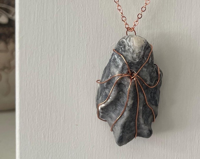pierced kumamoto oyster necklace with copper - foraged from Outer Banks