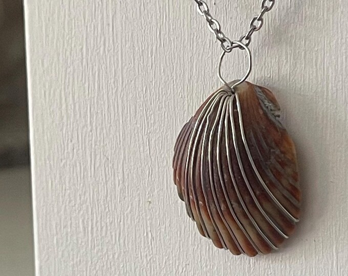copper blue pierced Atlantic bay scallop necklace with silver - foraged from Outer Banks