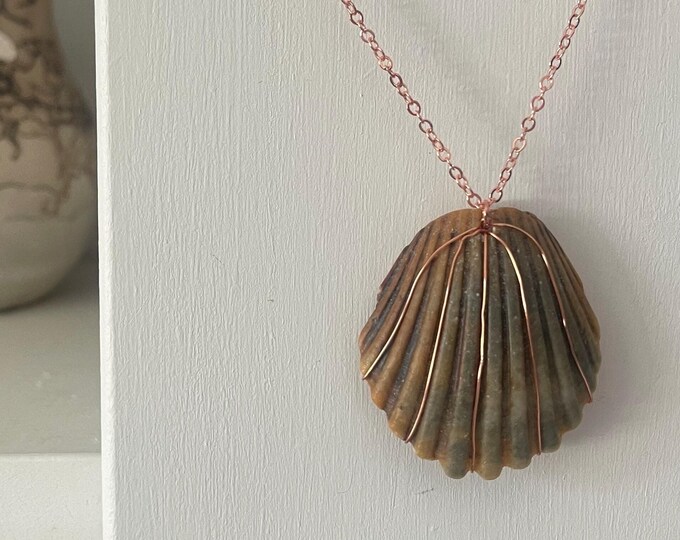 copper green pierced Atlantic bay scallop necklace with copper - foraged from Outer Banks