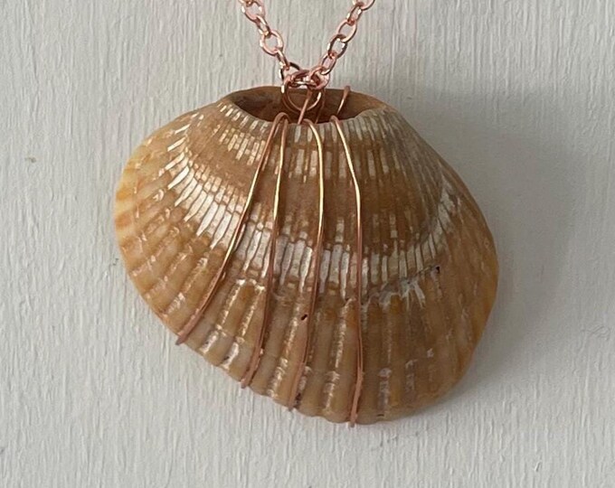 pierced cross-barred plaid Venus shell necklace with copper - foraged from Outer Banks