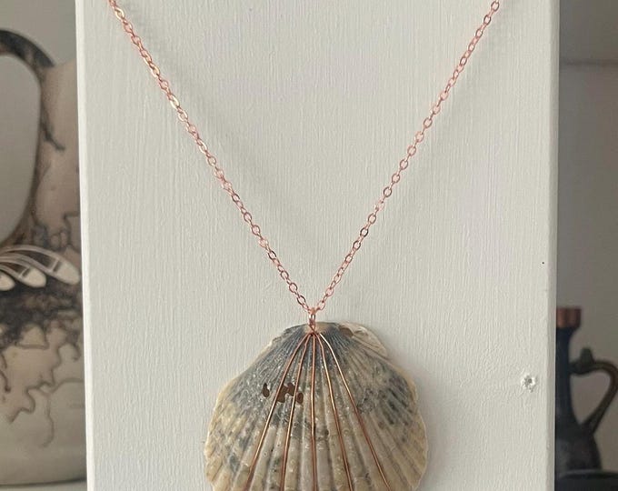 yellow green blue pierced Atlantic bay scallop necklace with copper - foraged from Outer Banks
