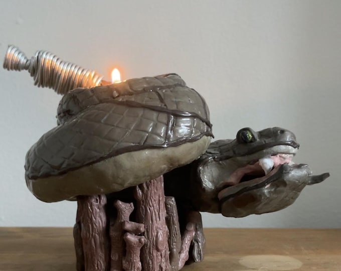 Timber rattlesnake votive set - match holder, match striker, candle, sculpture, candle snuffer