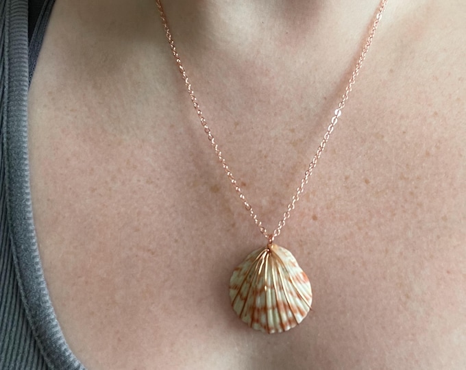 pierced calico scallop necklace with copper - foraged from Outer Banks