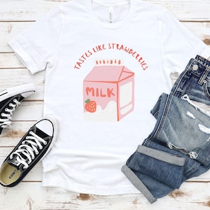 Tastes Like Strawberries Shirt, Cute Kitsch Strawberry Milk Carton Tee, Fun Retro Style, Sweet Pastel Aesthetic T-Shirt