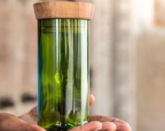 Glasbehälter XL aus Altglas Vorratsgläser mit Holzdeckel handmade aus Weinflaschen Jar Plain Cone Shape upcycled-uplifted  Gewürzgläser XL