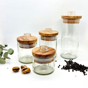 Glass containers made from recycled glass, 3-piece storage jars with wooden lids, handmade from wine bottles, Jar Arty Wood Top, upcycled-uplifted spice jars
