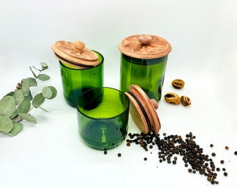 Glass containers made from recycled glass storage jars with wooden lids  handmade from wine bottles Jar Carved Wood Top upcycled-uplifted spice jars - Main Image