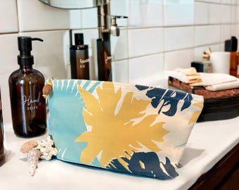 Tropical leaf print toiletry bag/makeup bag/wash bag/cosmetic bag/handmade/yellow & blue/size L/S