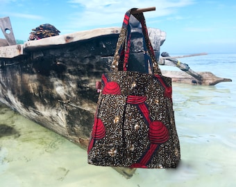 afrikanische Handtasche, Schultertasche, WaxPrint-Stoff, Stofftasche -"shapes", handgemacht in Zanzibar, Geschenk für Sie, Formen-Muster