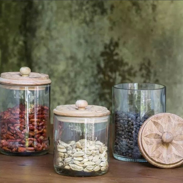 Glass containers made from old glass storage jars with wooden lids handmade from wine bottles Jar Carved Wood Top upcycled-uplifted spice jars "Karafuu"