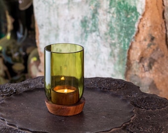 Tealight holder made from a recycled glass bottle / base made from Mkongo wood / green / approx. 11 cm / handmade from wine bottles / T-Light Taa olive green