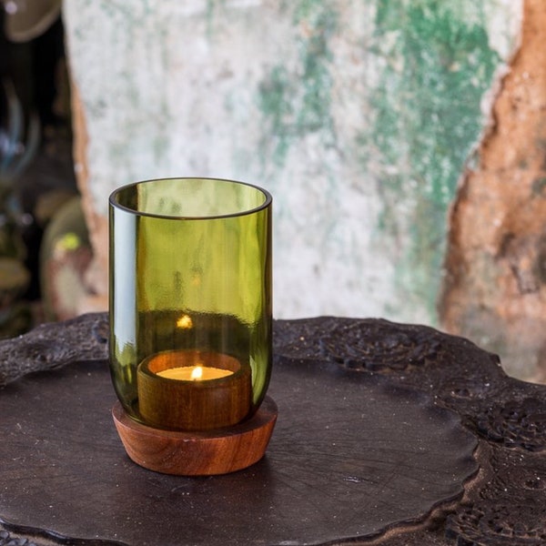 Lantern made from recycled glass bottles / base made from Mkongo wood / green / approx. 11 cm / handmade from wine bottles / T-Light Taa olive green