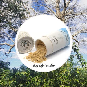 Op de afbeelding: Een witte tube met bruin poeder erin. De tube is gelabeld met "Organically 1001 Spices From Zanzibar". Het poeder is gelabeld met "Baobab Powder".