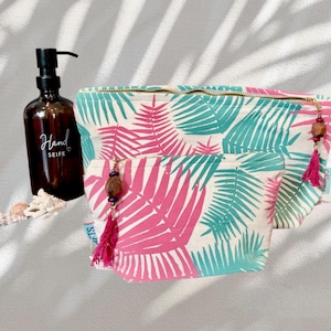 Tropische Kulturtasche im Palmen-Print Design/ Make-up Tasche/ Waschtasche/ Kosmetiktasche/ handmade /Korallenfarbe & Oceanblau Größe L / S